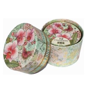 Punch Studio Pink Orchids Boxed Coaster Set in Keepsake Box (56132), 12 ct